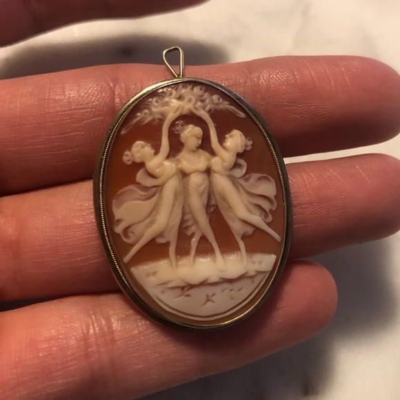 ANTIQUE 800 Silver ‘Three Graces / Three Sisters’ Carved Carnelian Shell Cameo - Picture 7 of 11